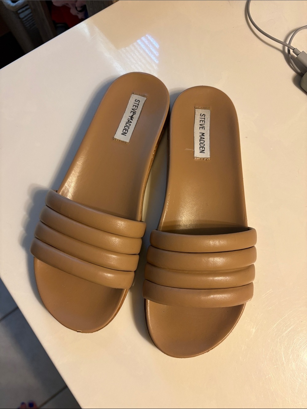 Steve Madden Tan Padded Triple-Strap Slide Sandals